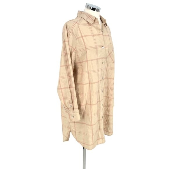 Jackson Rowe Beau Plaid Button-Up Oversized Shirt Dress Beige Size Medium NWOT - Picture 3 of 13